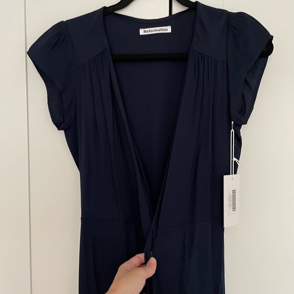 Reformation Chamomile Wrap Dress in Navy - Picture 3 of 7